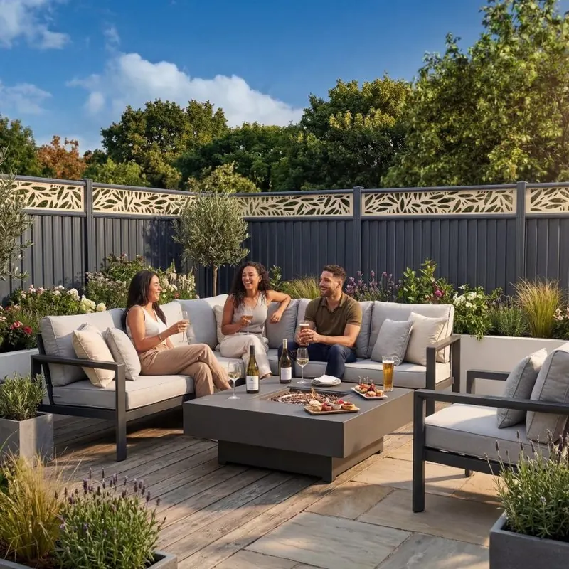 Family relaxing in a modern garden framed by grey composite fencing